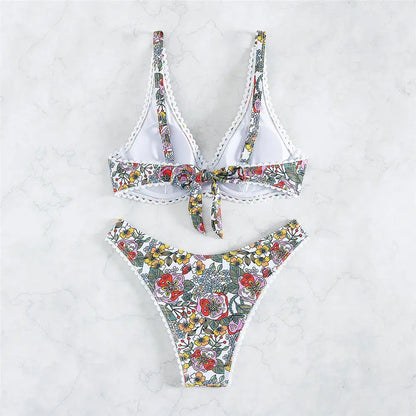 Claire Flower Print High Waist Bikini Set - floral, close-up top and bottom - Be Juliet