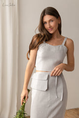 Bella Vita Linen Crop Top & Midi Skirt Set – Light Grey