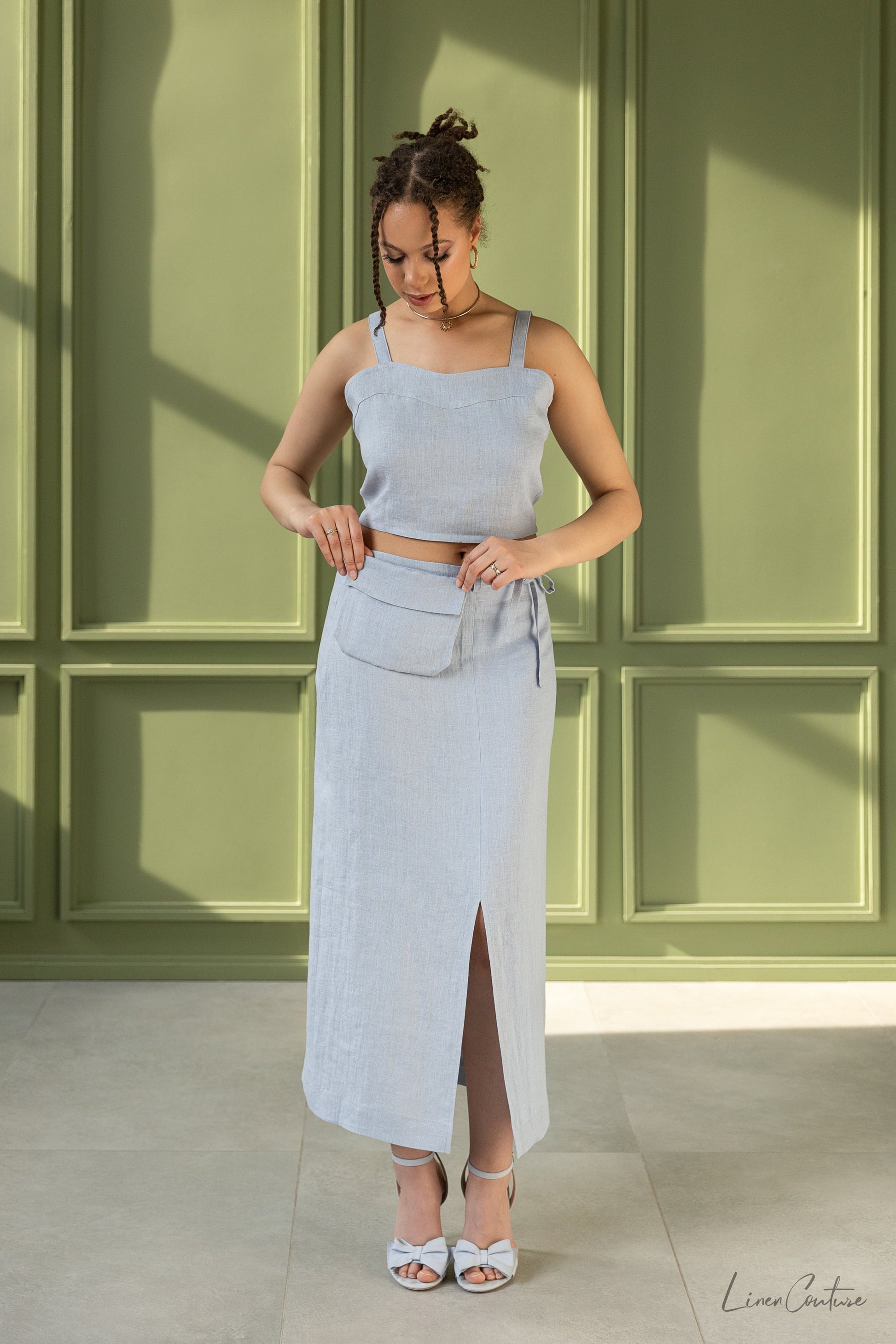 Bella Vita Linen Crop Top & Midi Skirt Set – Light Grey - flat lay back view - Be Juliet