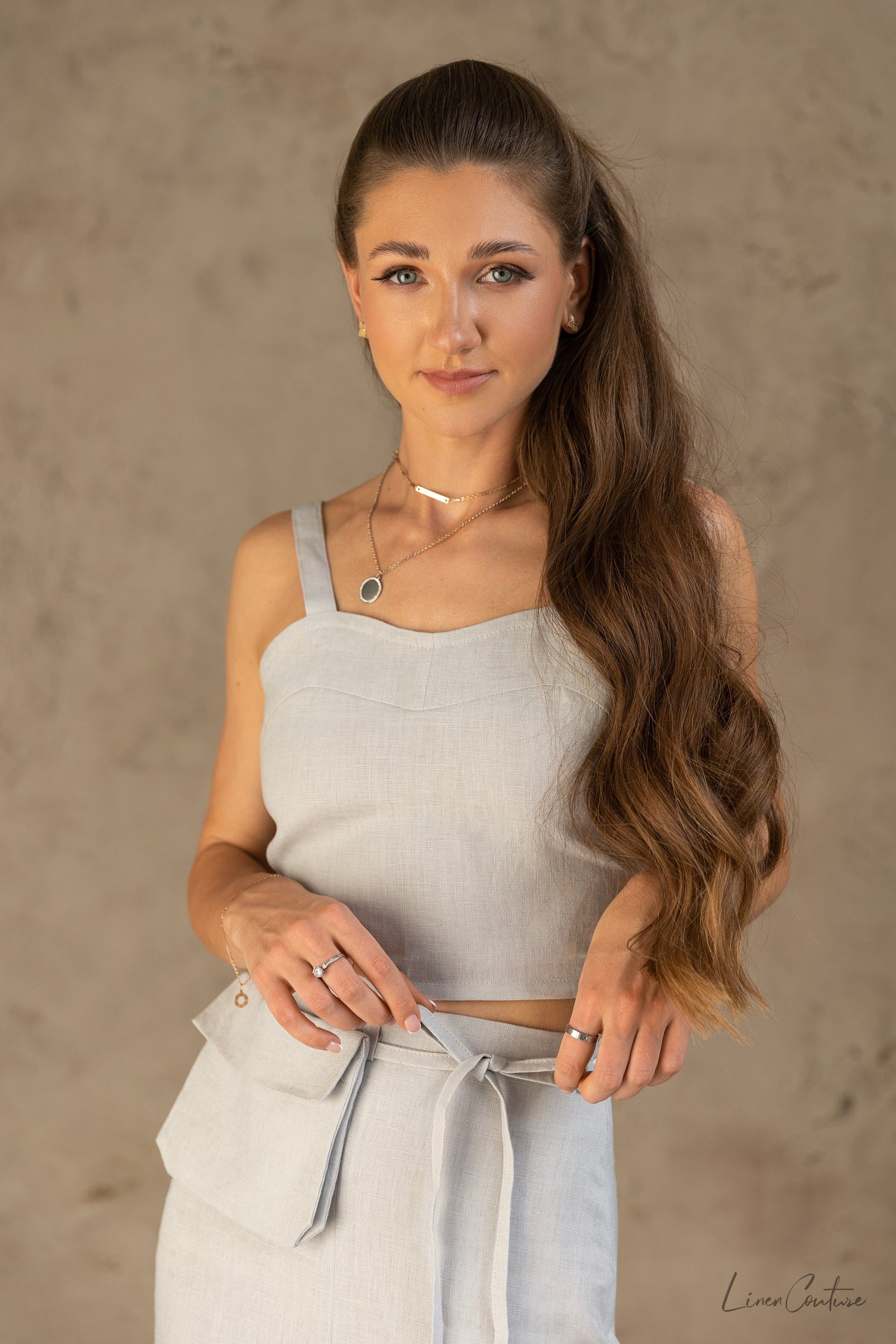 Bella Vita Linen Crop Top & Midi Skirt Set – Light Grey - side view on model - Be Juliet