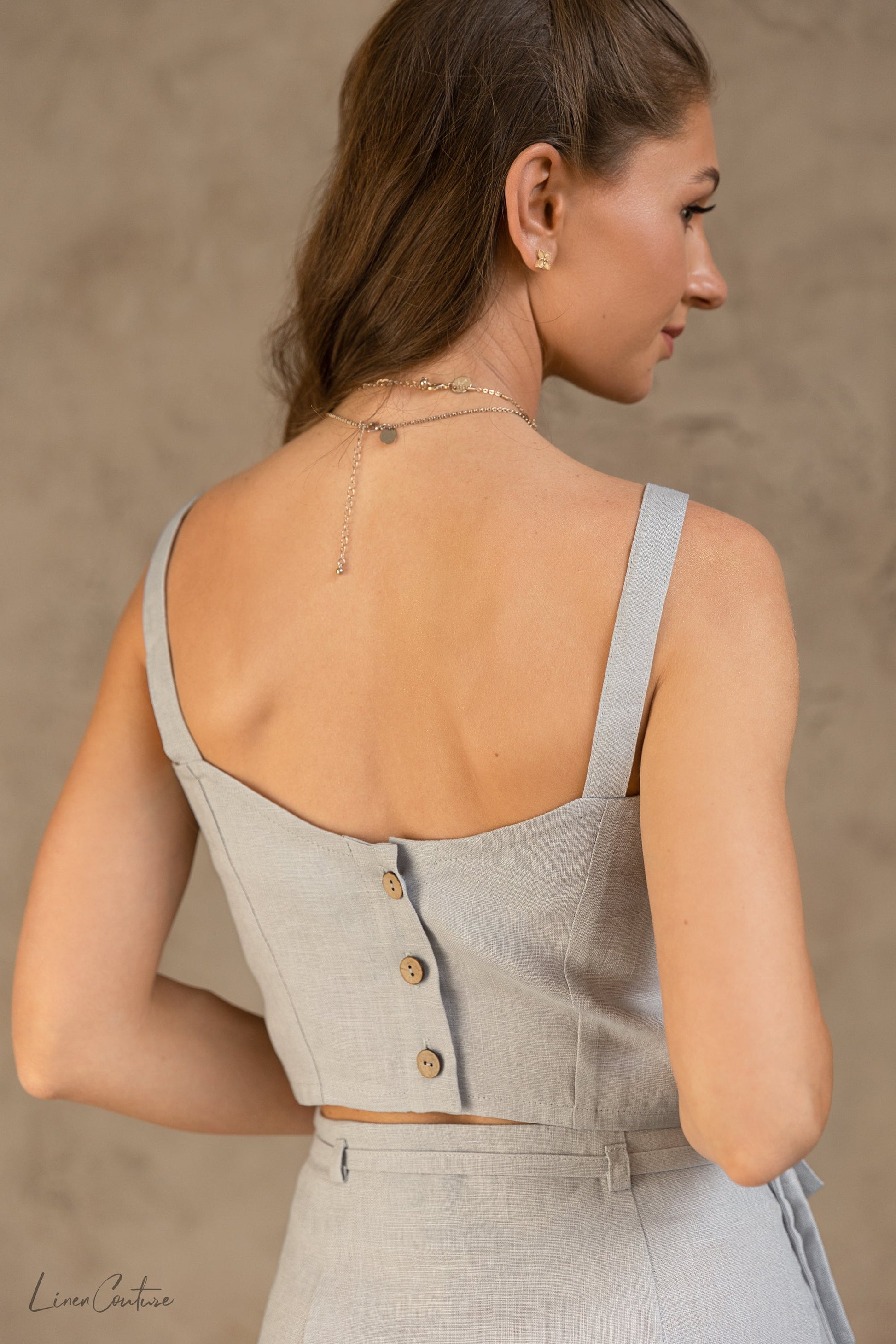 Bella Vita Linen Crop Top & Midi Skirt Set – Light Grey - 3/4 angled view on model - Be Juliet