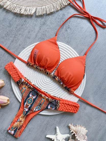 RUOTONSEPT Print Halter Mini Thong High Cut Bikini Female Swimsuit