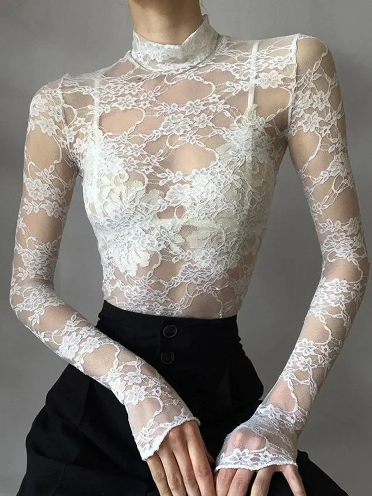 Sexy Lace Blouse Shirts Summer Women Turtleneck Long Sleeve See