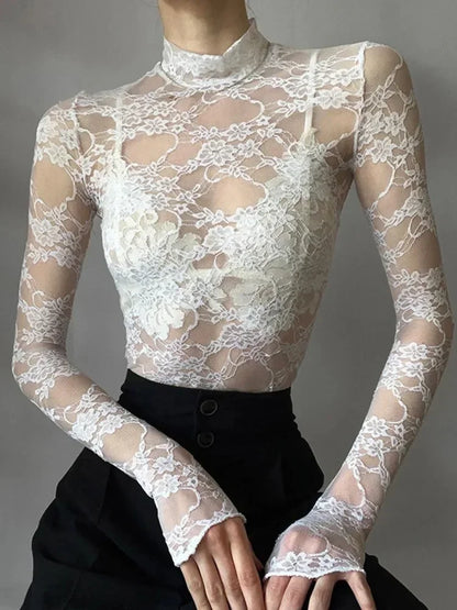 Sexy Lace Blouse Shirts Summer Women Turtleneck Long Sleeve See