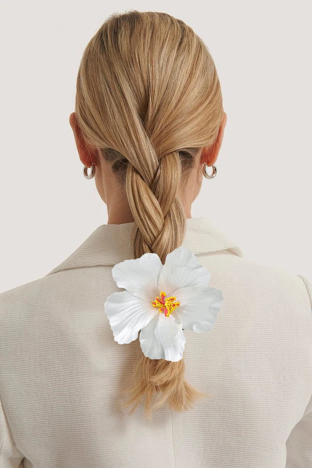 Away Hawaiian Flower Hair Clip - 4537B, back view on model - Be Juliet