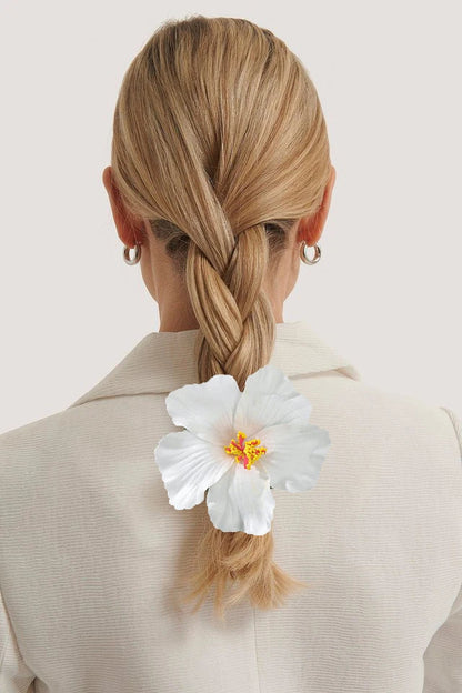 Away Hawaiian Flower Hair Clip - 4537B, back view on model - Be Juliet