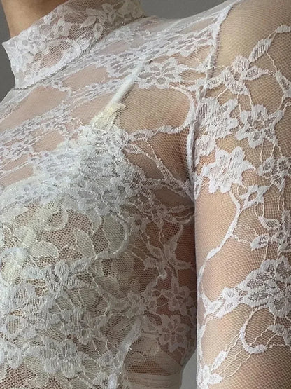 Sexy Lace Blouse Shirts Summer Women Turtleneck Long Sleeve See