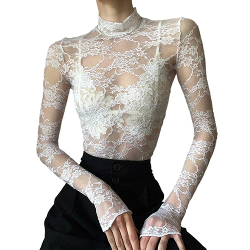 Sexy Lace Blouse Shirts Summer Women Turtleneck Long Sleeve See
