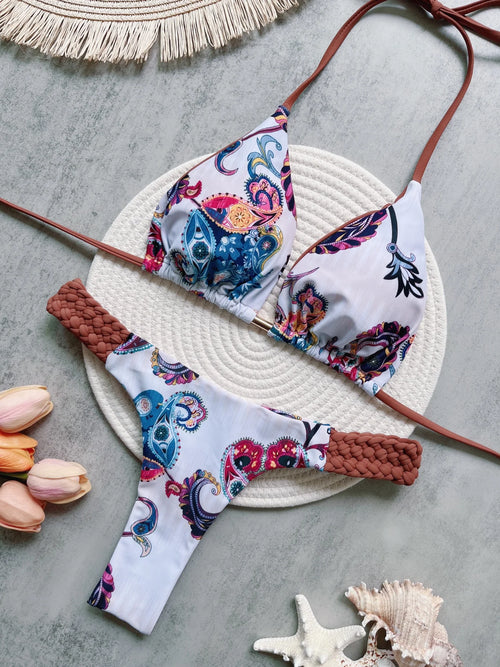 RUOTONSEPT Print Halter Mini Thong High Cut Bikini Female Swimsuit