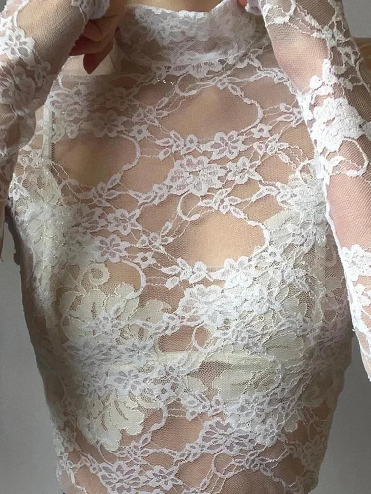 Sexy Lace Blouse Shirts Summer Women Turtleneck Long Sleeve See