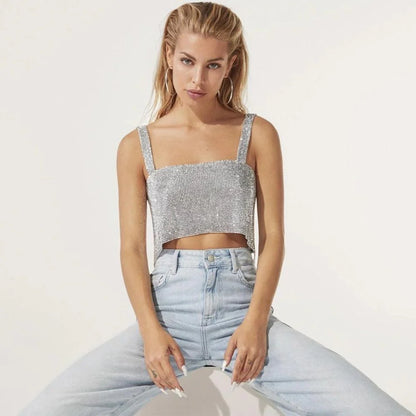 Sloane Rhinestone Top - Silver, front view flat lay - Be Juliet