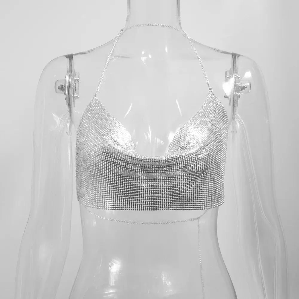 Isla Sequin Metal Halter Crop Top - Gold, back view on model - Be Juliet