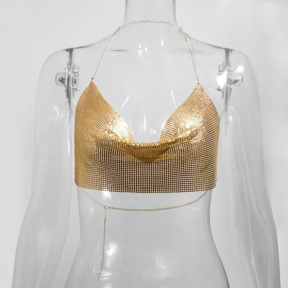 Isla Sequin Metal Halter Crop Top - Silver, back view on model - Be Juliet