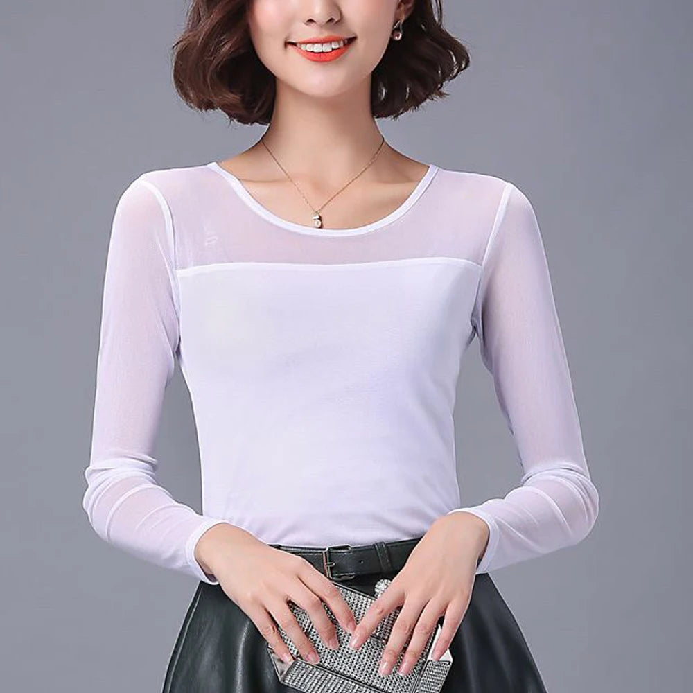 Black White S-2XL Sweet O-neck Long Sleeve T Shirts Slim Stretch Tops