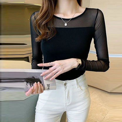 Black White S-2XL Sweet O-neck Long Sleeve T Shirts Slim Stretch Tops