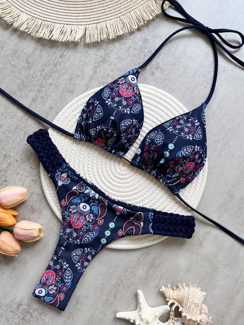 RUOTONSEPT Print Halter Mini Thong High Cut Bikini Female Swimsuit