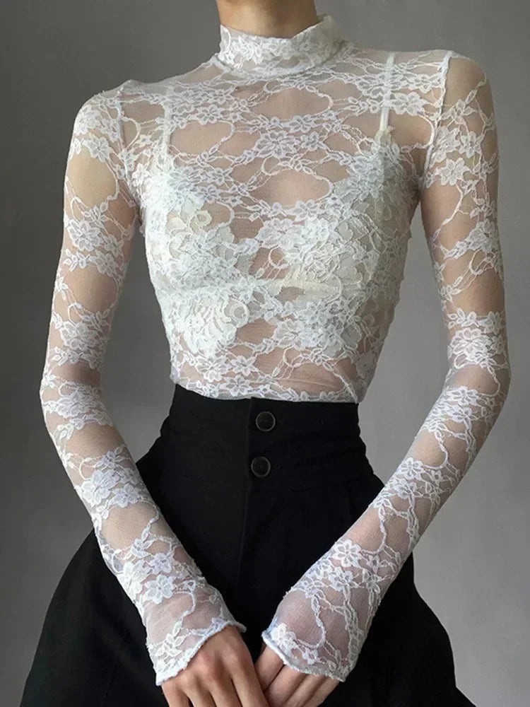 Sexy Lace Blouse Shirts Summer Women Turtleneck Long Sleeve See