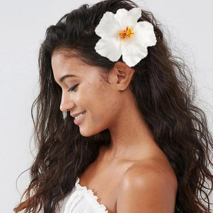Away Hawaiian Flower Hair Clip - 4593A, front view on model - Be Juliet