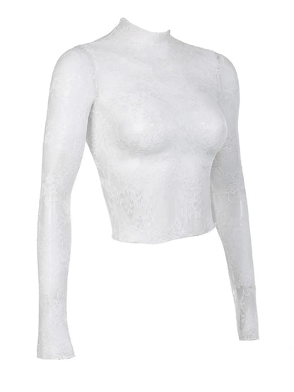 Sexy Lace Blouse Shirts Summer Women Turtleneck Long Sleeve See