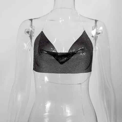 Isla Sequin Metal Halter Crop Top - Black, front view on model - Be Juliet