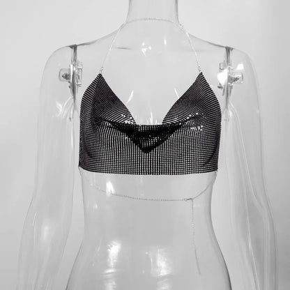 Isla Sequin Metal Halter Crop Top - Black, front view on model - Be Juliet