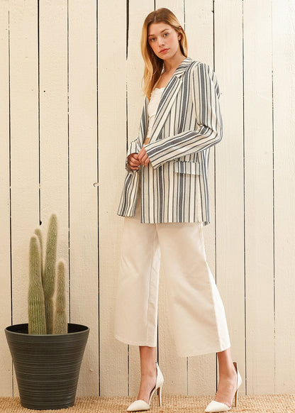 Women's Stripe Blazer in Blue White - Blue White, 3/4 front view on model, open-front with flap pockets - Be Juliet
