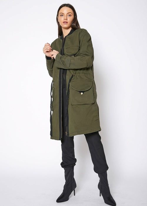 Women’s Zip-Up Long Utility Jacket – Olive - front close-up on model - Be Juliet