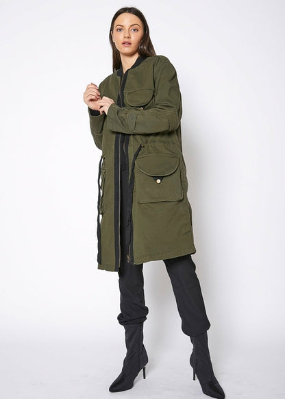 Women’s Zip-Up Long Utility Jacket – Olive - front close-up on model - Be Juliet