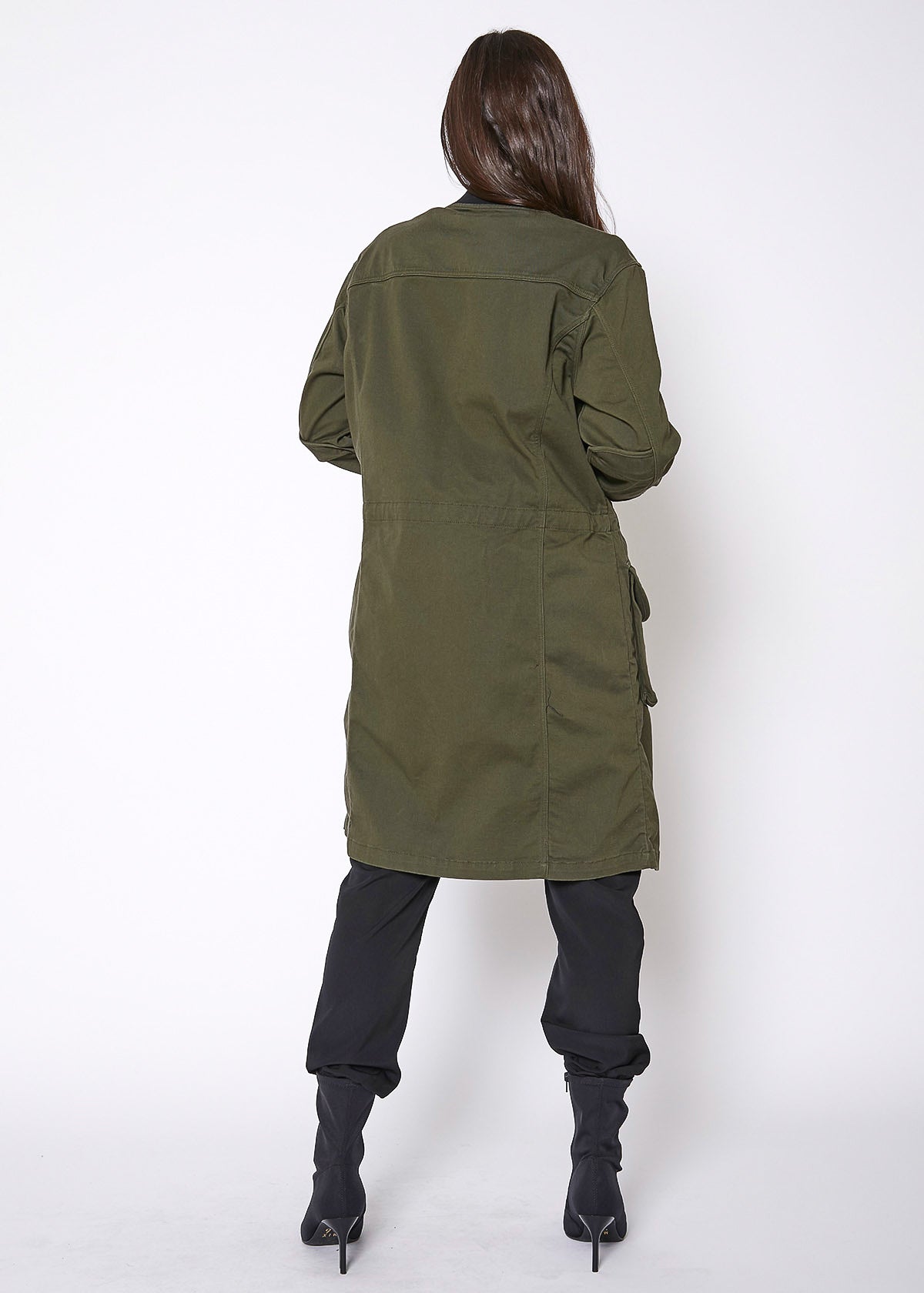 Women’s Zip-Up Long Utility Jacket – Olive - flat lay front view - Be Juliet