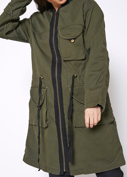 Women’s Zip-Up Long Utility Jacket – Olive - flat lay back view - Be Juliet