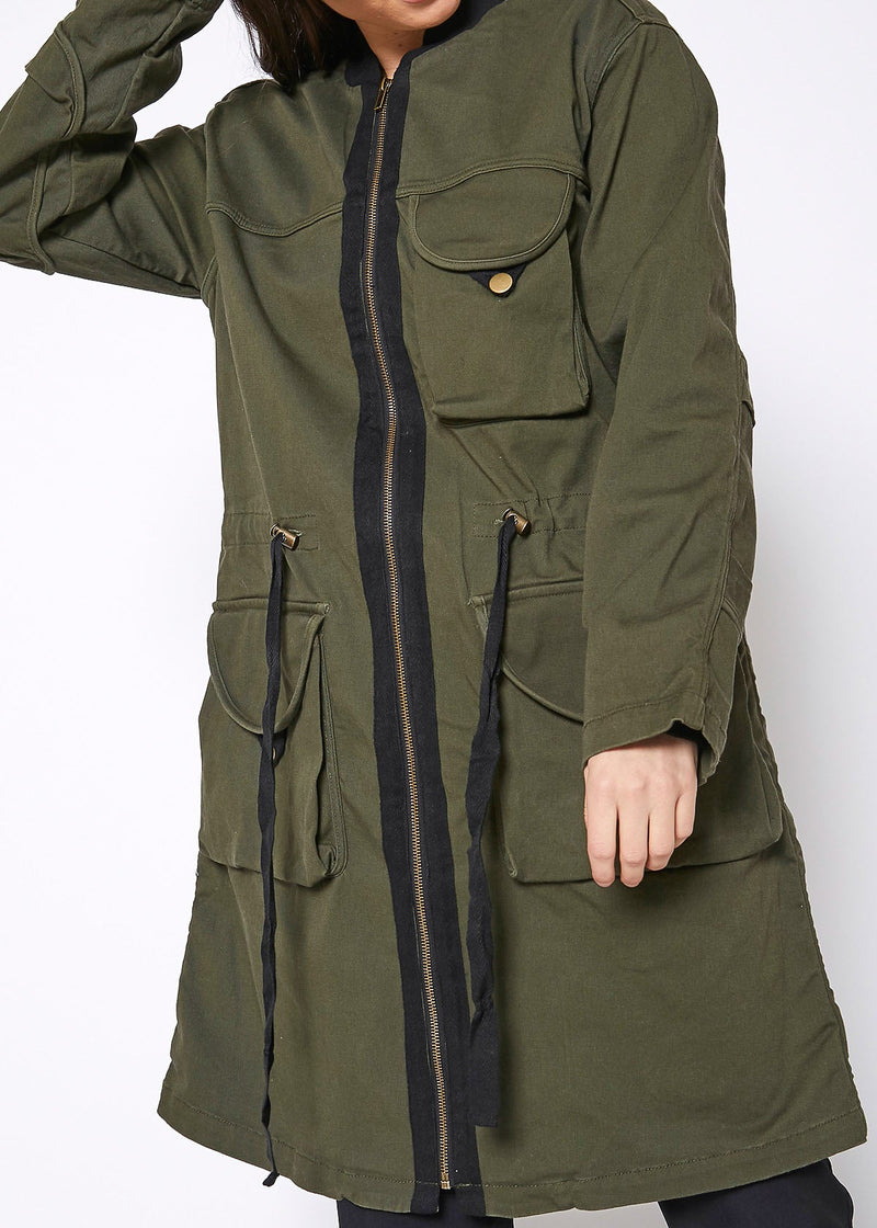 Women’s Zip-Up Long Utility Jacket – Olive