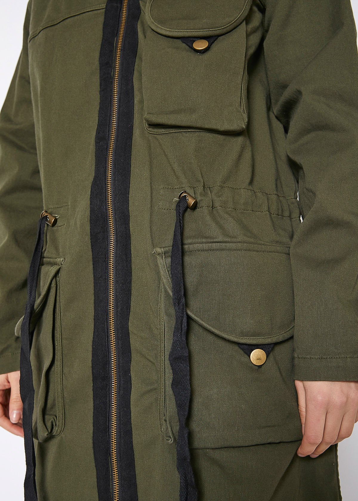 Women’s Zip-Up Long Utility Jacket – Olive - full-length view on model - Be Juliet