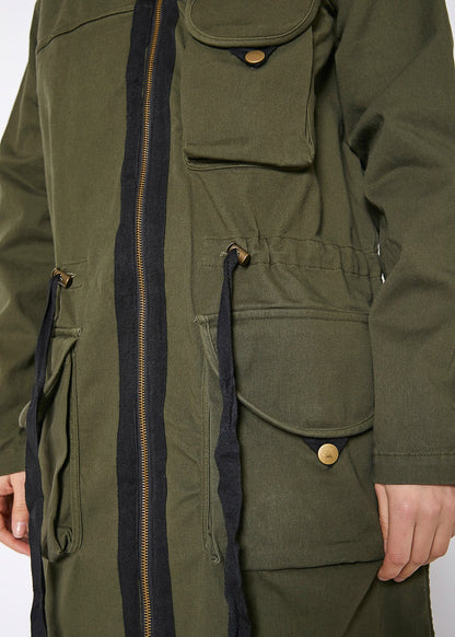 Women’s Zip-Up Long Utility Jacket – Olive - full-length view on model - Be Juliet