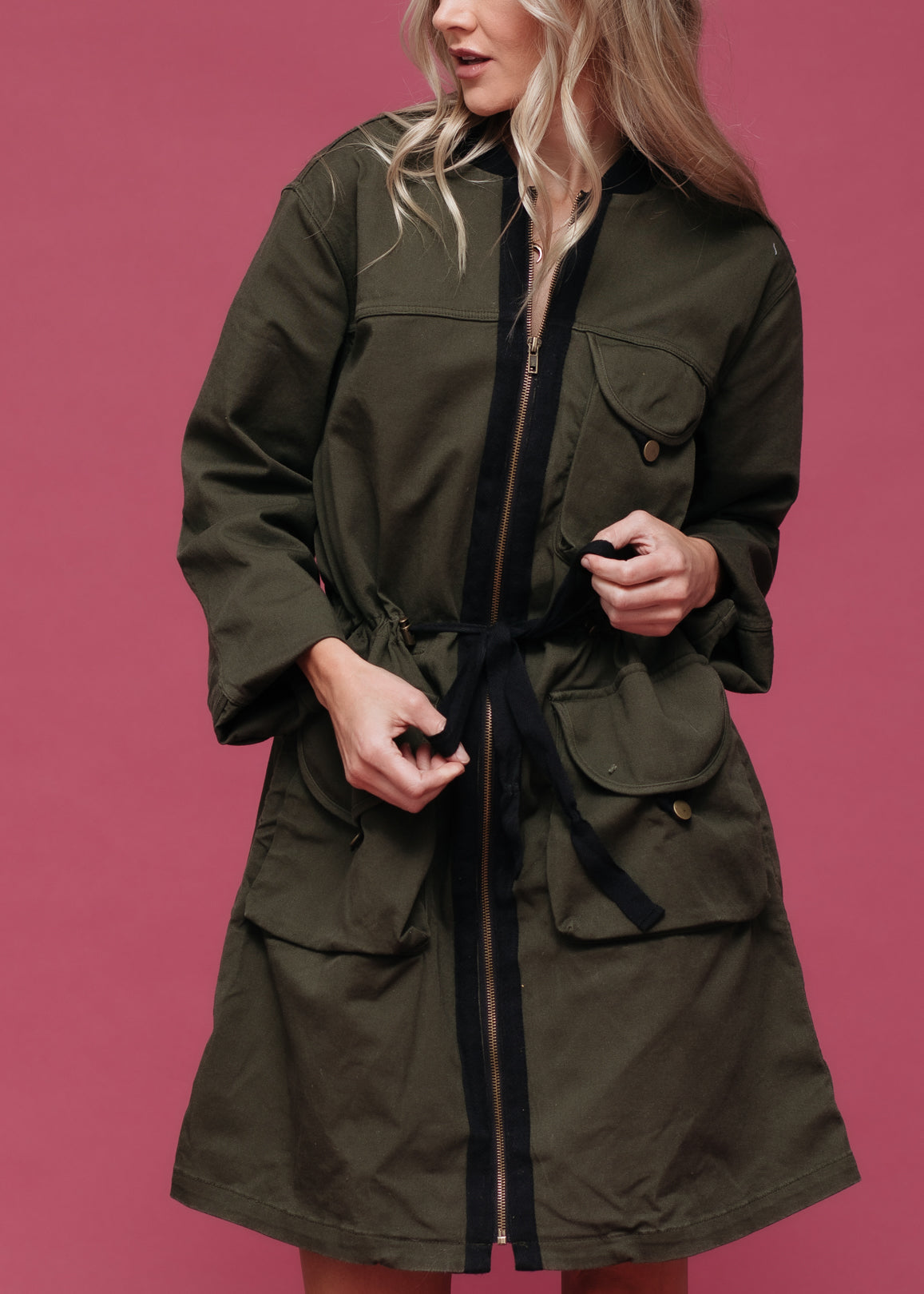 Women’s Zip-Up Long Utility Jacket – Olive - front view on model - Be Juliet