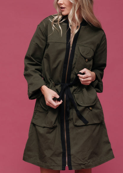 Women’s Zip-Up Long Utility Jacket – Olive - front view on model - Be Juliet