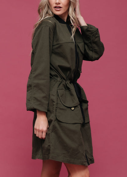 Women’s Zip-Up Long Utility Jacket – Olive - side view on model - Be Juliet