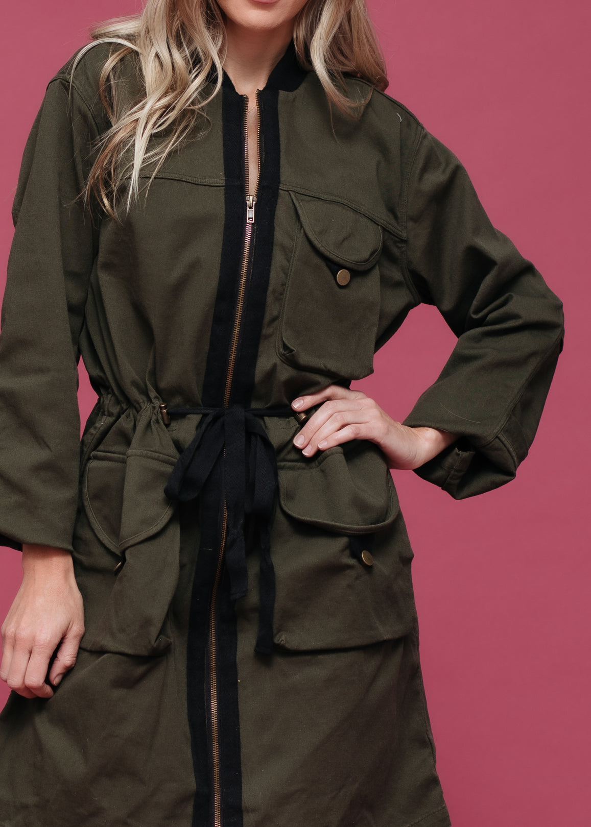 Women’s Zip-Up Long Utility Jacket – Olive - back view on model - Be Juliet