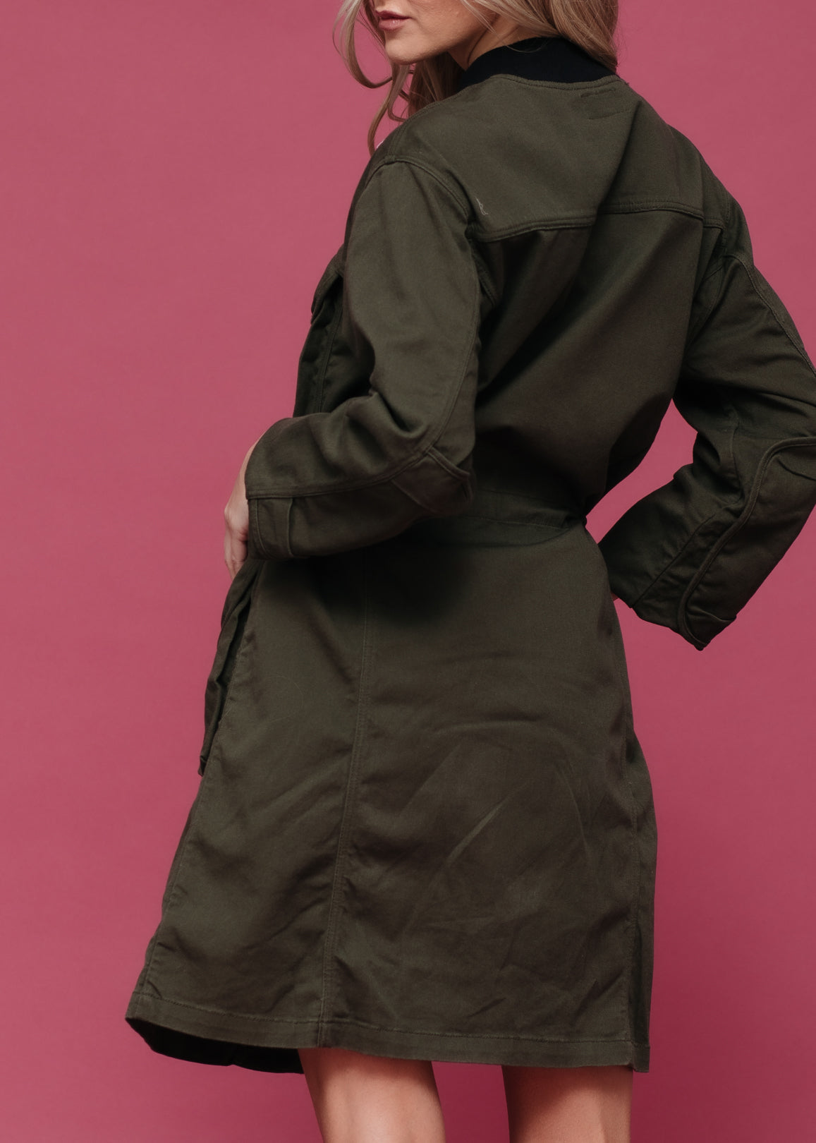 Women’s Zip-Up Long Utility Jacket – Olive - 3/4 angled view on model - Be Juliet