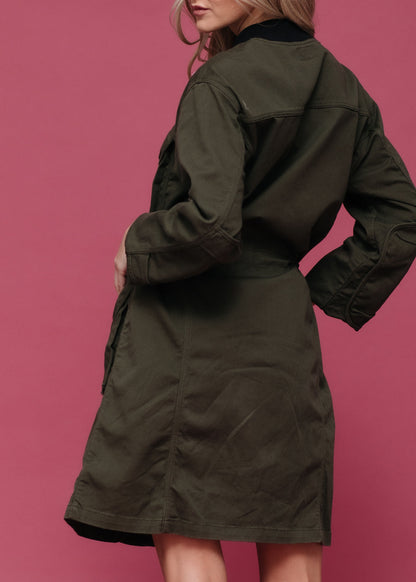 Women’s Zip-Up Long Utility Jacket – Olive - 3/4 angled view on model - Be Juliet