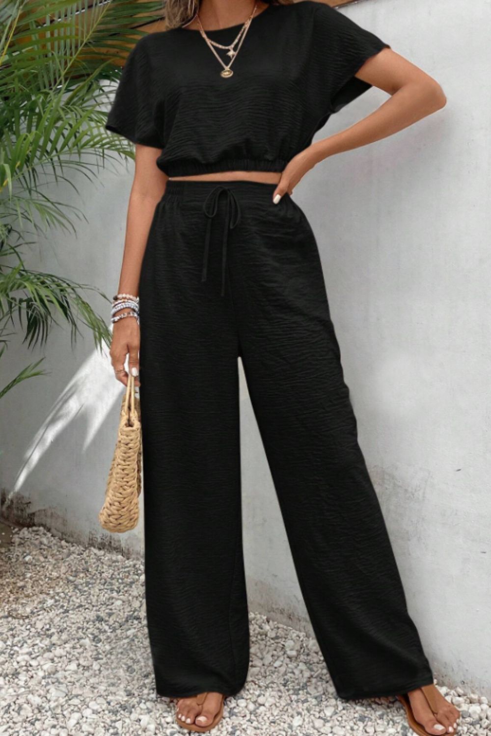 Round Neck Short Sleeve Top and Pants Set - Black, back view on model - Be Juliet