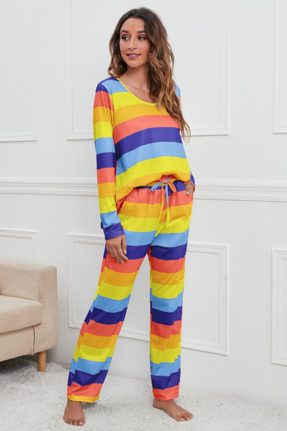 Striped Round Neck Long Sleeve Top and Drawstring Pants Lounge Set - Be Juliet