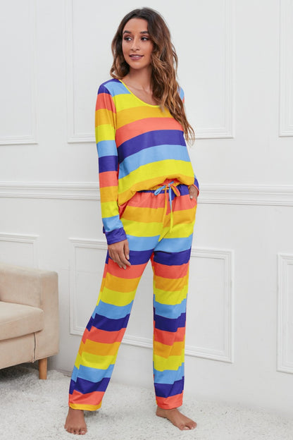 Striped Round Neck Long Sleeve Top and Drawstring Pants Lounge Set - Be Juliet
