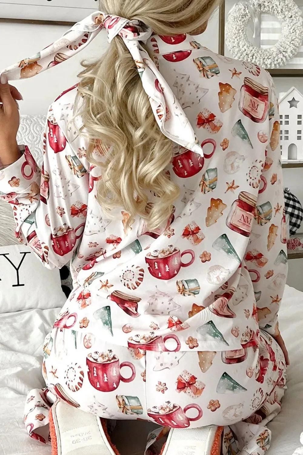 Camille Printed Collared Lounge Set - White, back view on model - Be Juliet