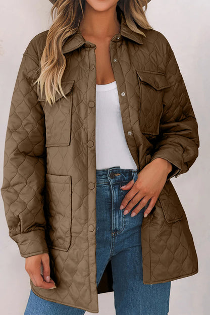 Snap Down Collared Winter Coat - Camel, front view on model - Be Juliet