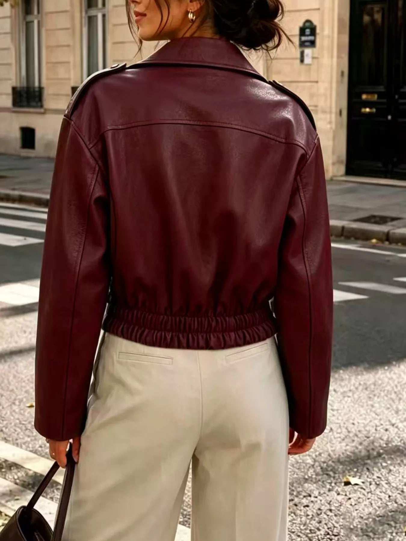 The Moto Faux Leather Zip Jacket - Burgundy, back view shoulder yoke - Be Juliet