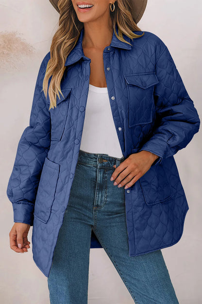 Snap Down Collared Winter Coat - French Blue, front view on model - Be Juliet