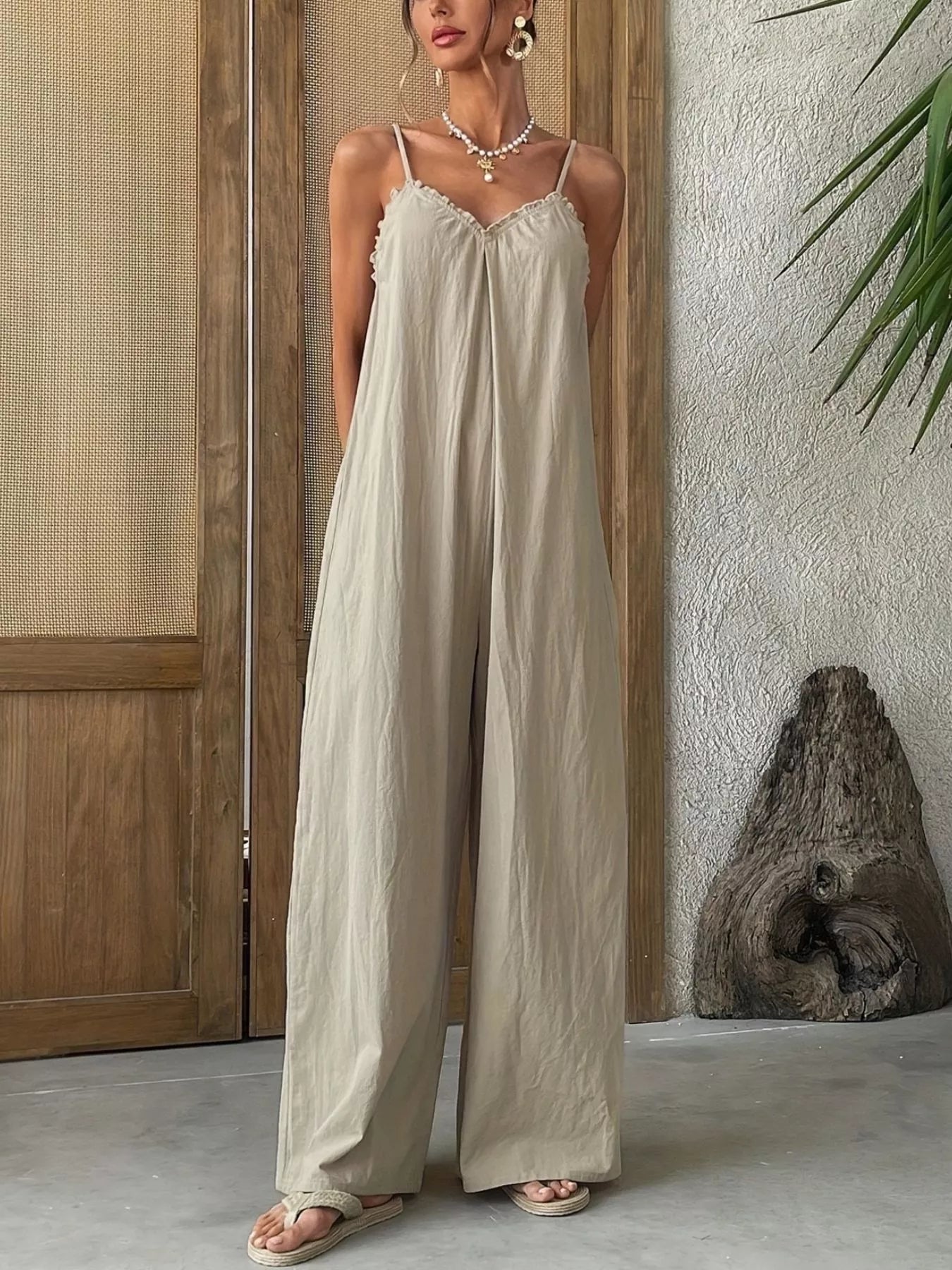 The Odette — Sleeveless Wide Leg Jumpsuit - Khaki, front view on model - Be Juliet