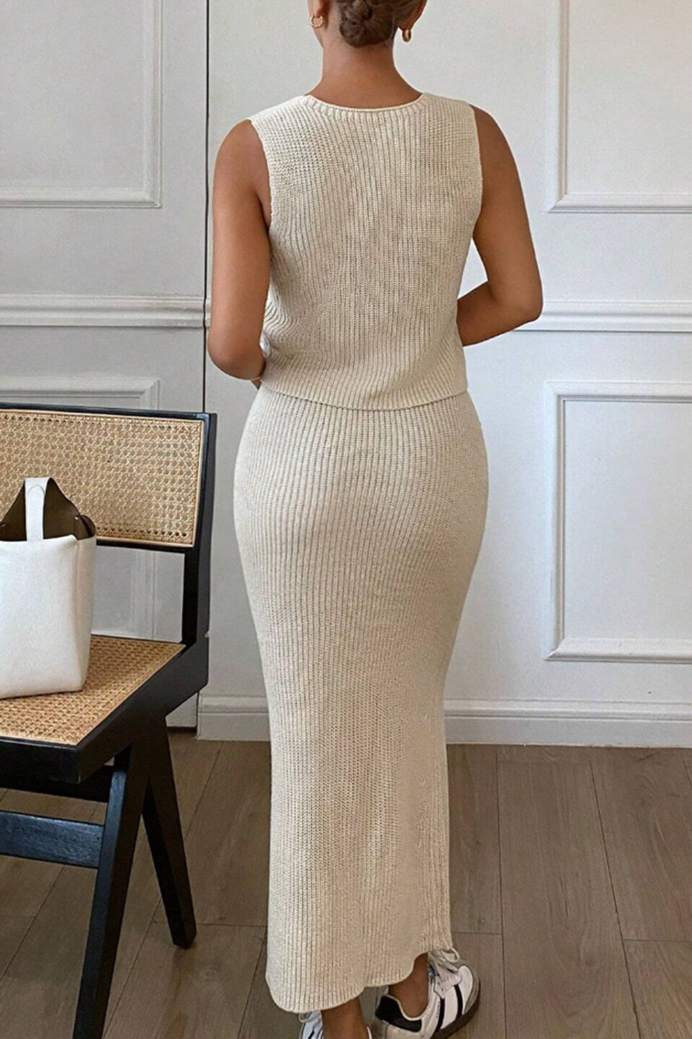 Flower V-Neck Vest and Skirt Sweater Set - Be Juliet