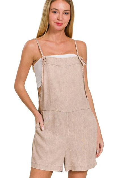 Zenana Washed Linen Knot Strap Romper - Be Juliet