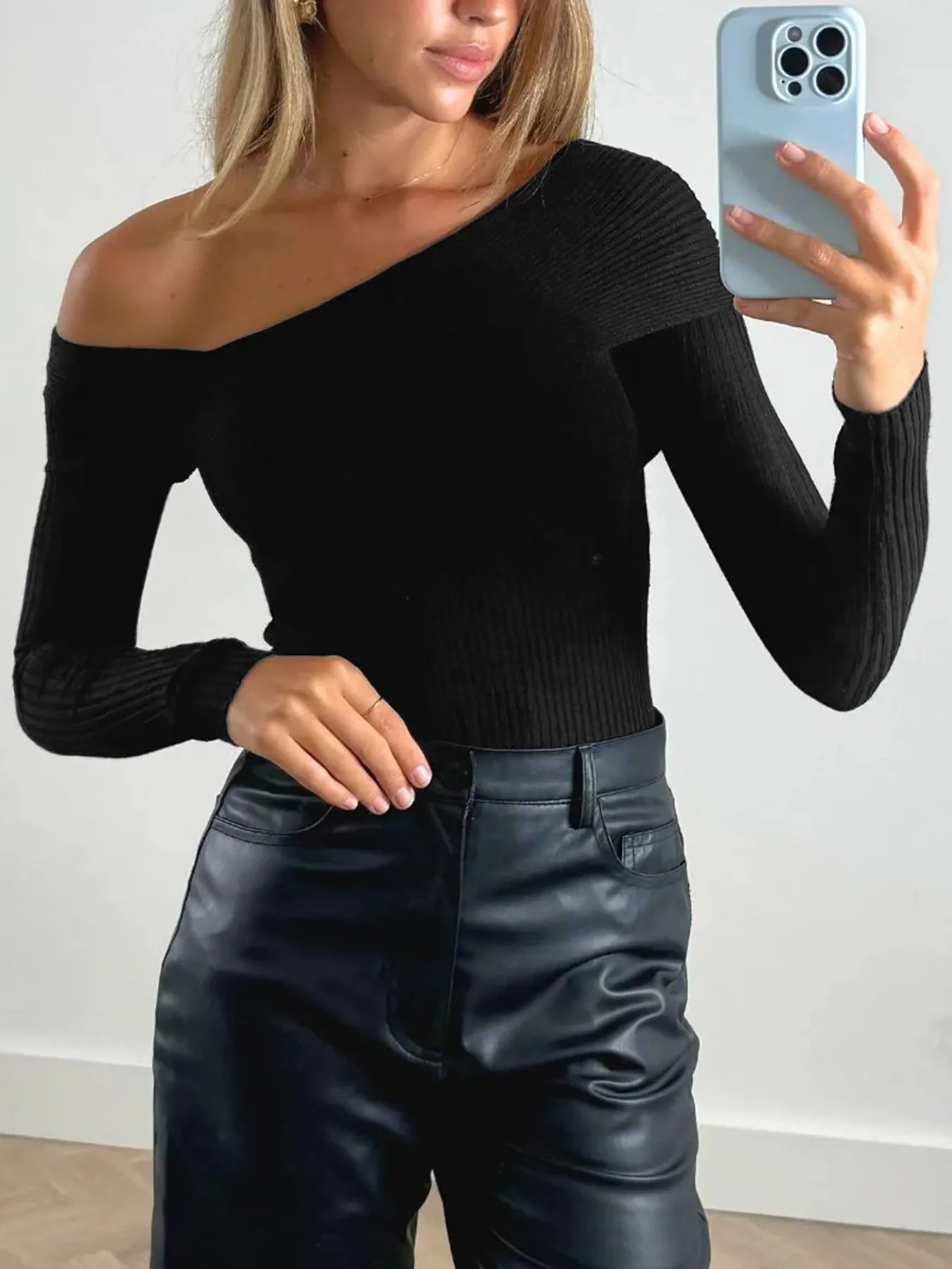 Off-Shoulder Ribbed Knit Top - Black, 3/4 angled view on model - Be Juliet